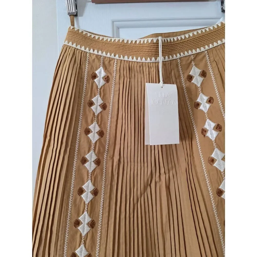 Ulla Johnson Midi Pleated Brown Sabina Embroidered Skirt 0 NWT - Picture 4 of 12